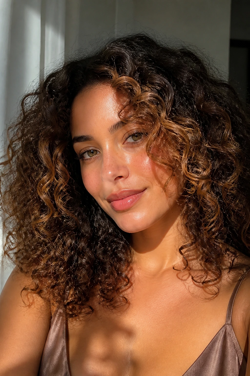 Close-up of curly brunette with cinnamon latte money piece framing the face in natural window light