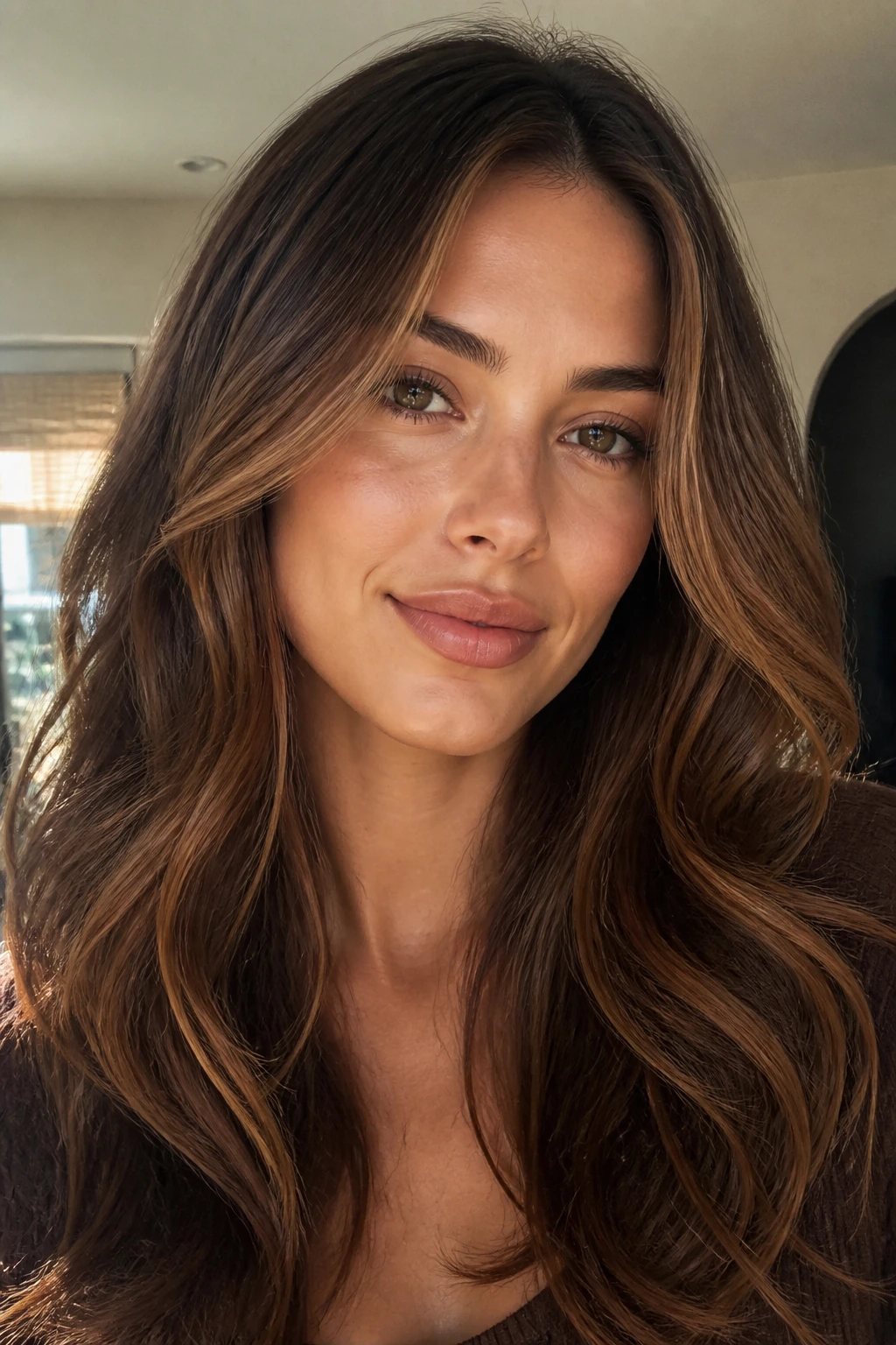 Close-up of a real woman with warm cinnamon-toned brunette hair and front highlights