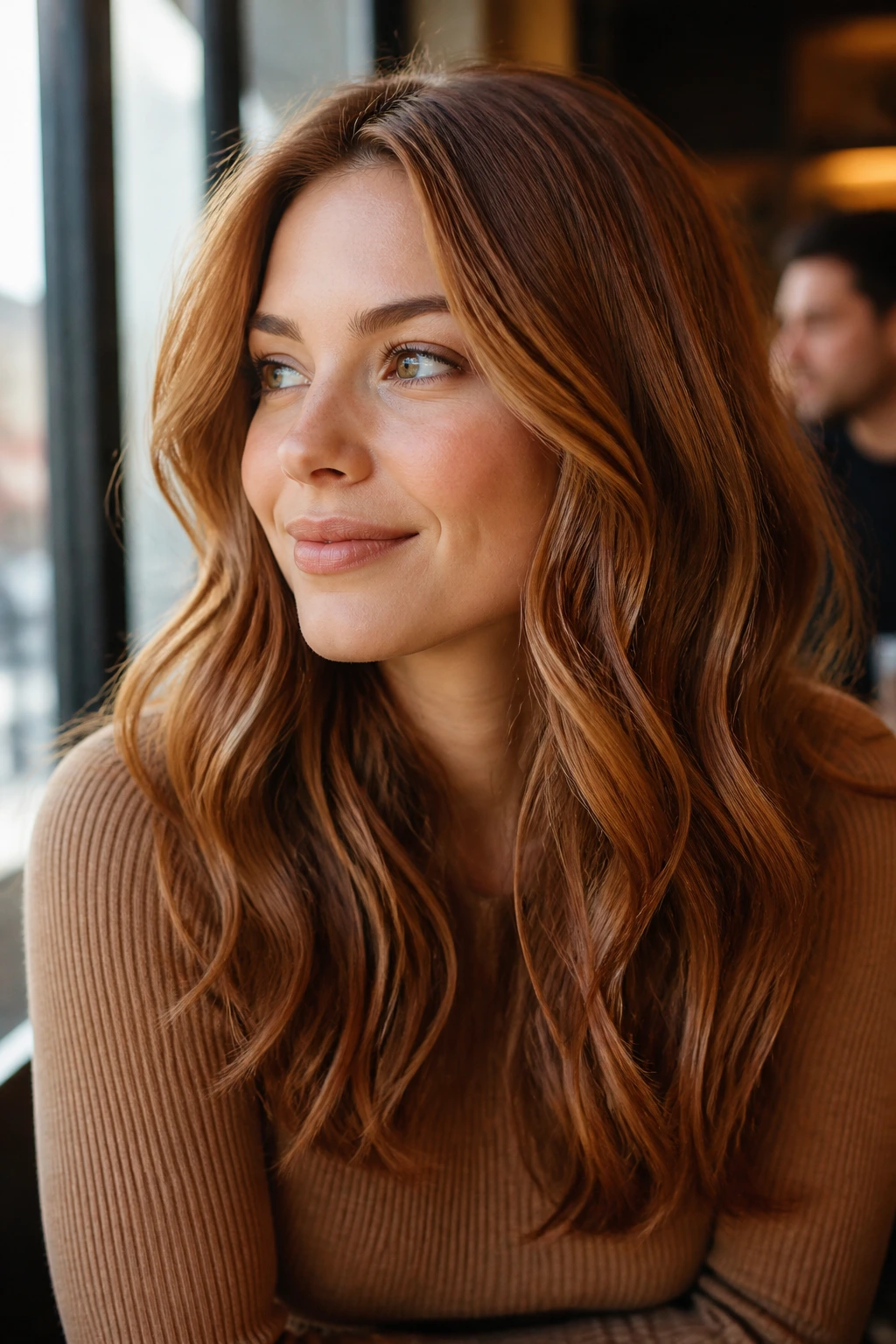 Close-up of a woman with cinnamon latte waves in warm cinnamon tones.