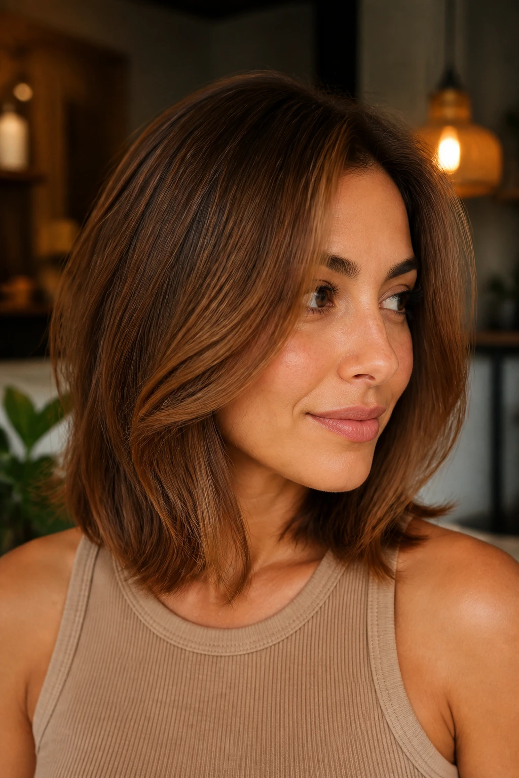 Close-up portrait of a person with a cinnamon lob and face-framing layers filling the frame.