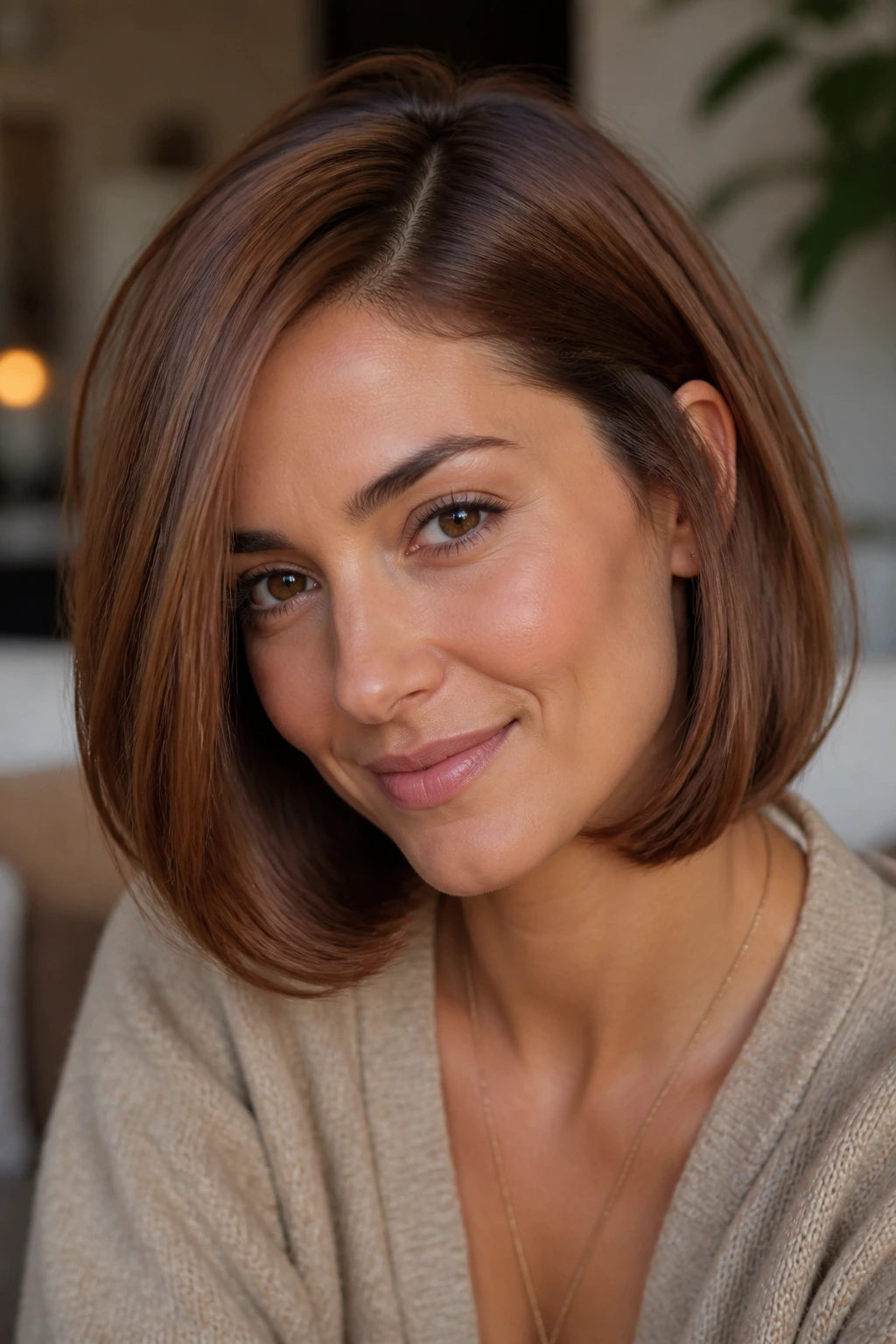 Close-up of a woman with cinnamon lob and a side-part with tucked ends