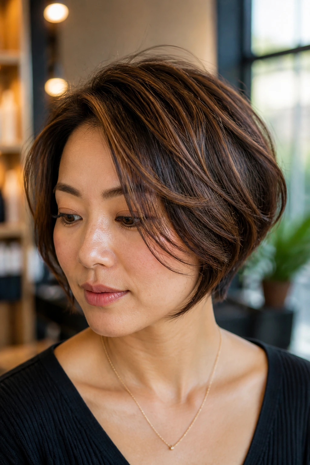 Close-up of a real Asian woman with cinnamon lowlights and highlights in short hair, warm salon lighting