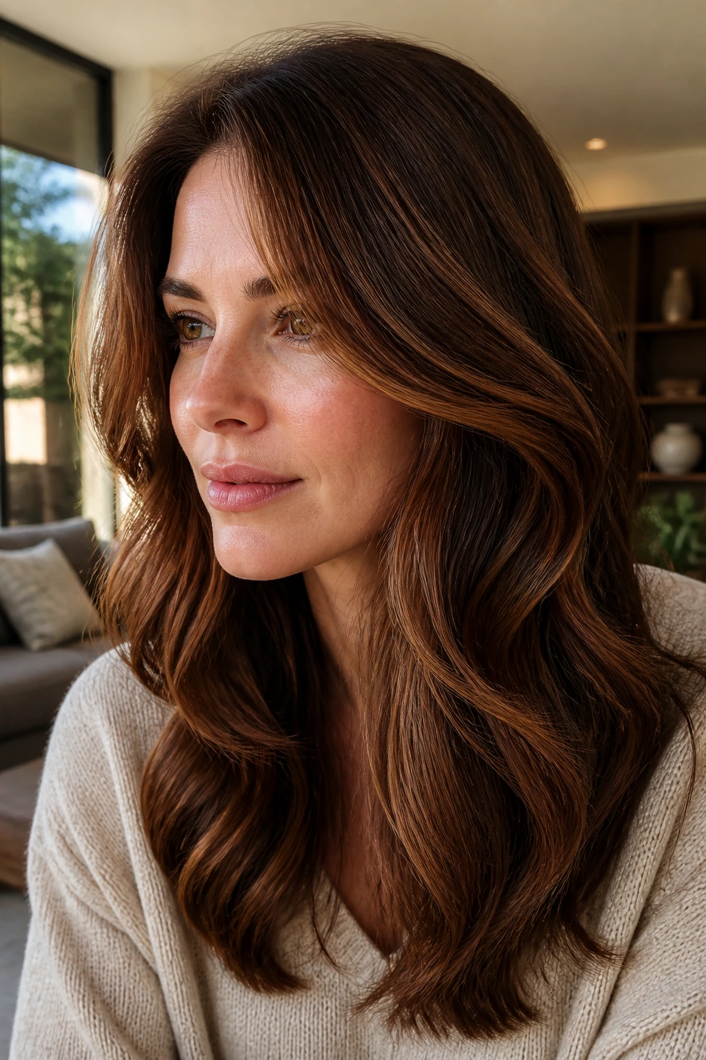 Close-up portrait of a woman with cinnamon lowlights in warm brunette layered hair.