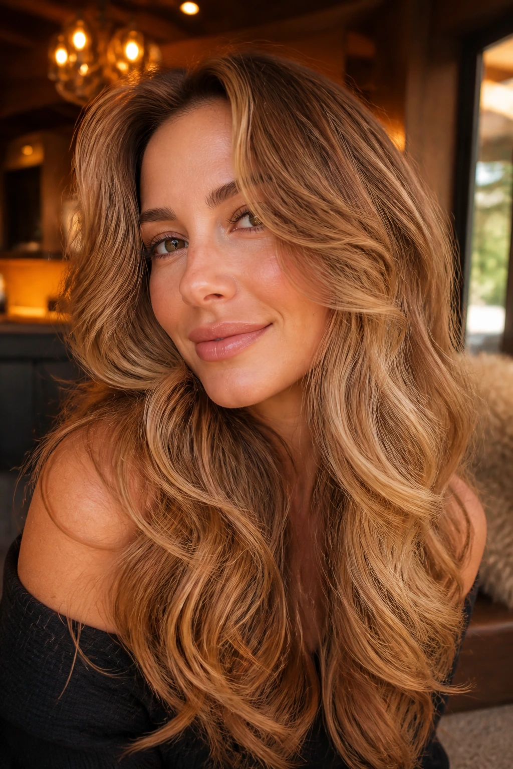 Close-up portrait of a real woman with cinnamon-maple blonde hair in warm indoor light
