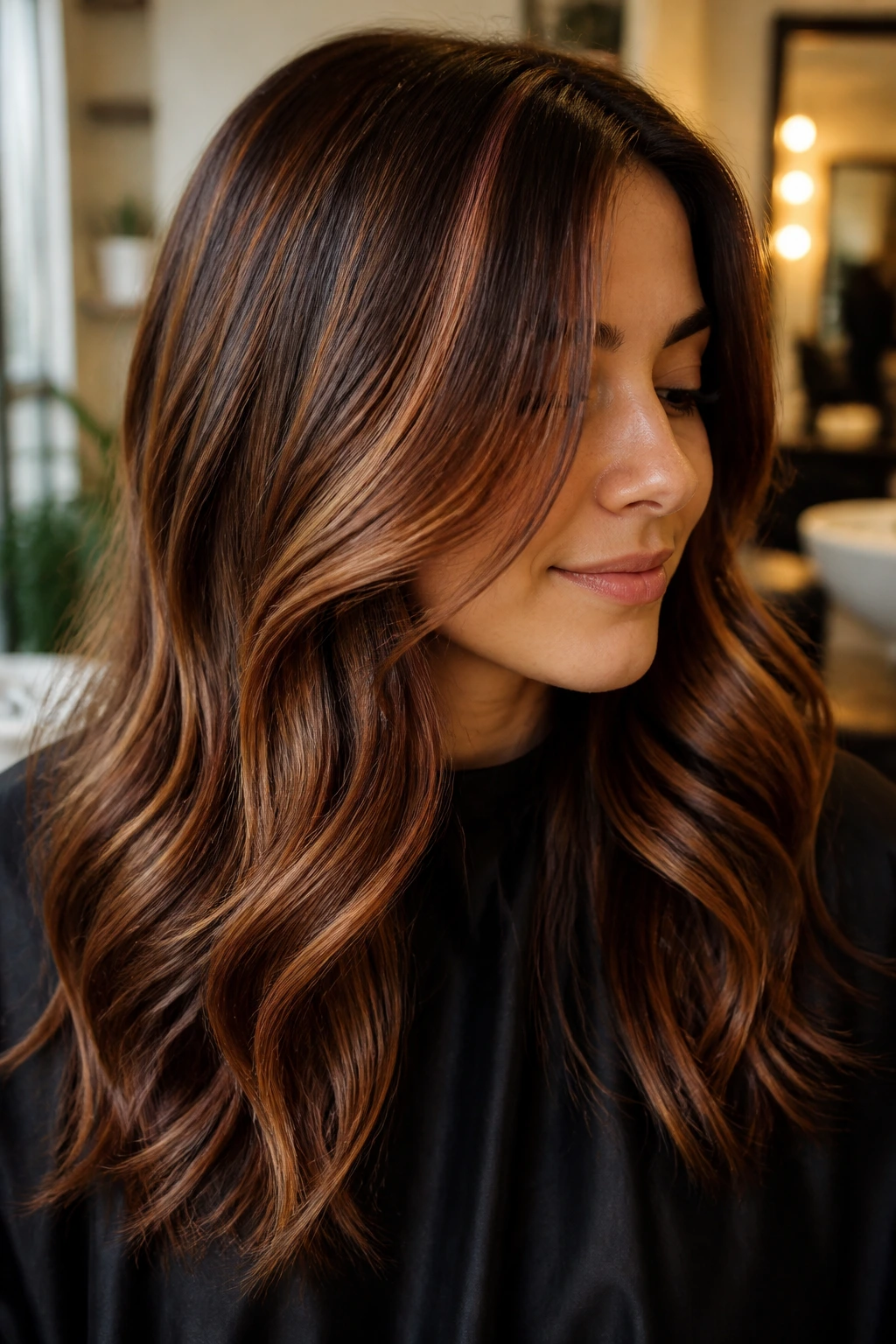Close-up of brunette with cinnamon and maple highlights in warm salon light