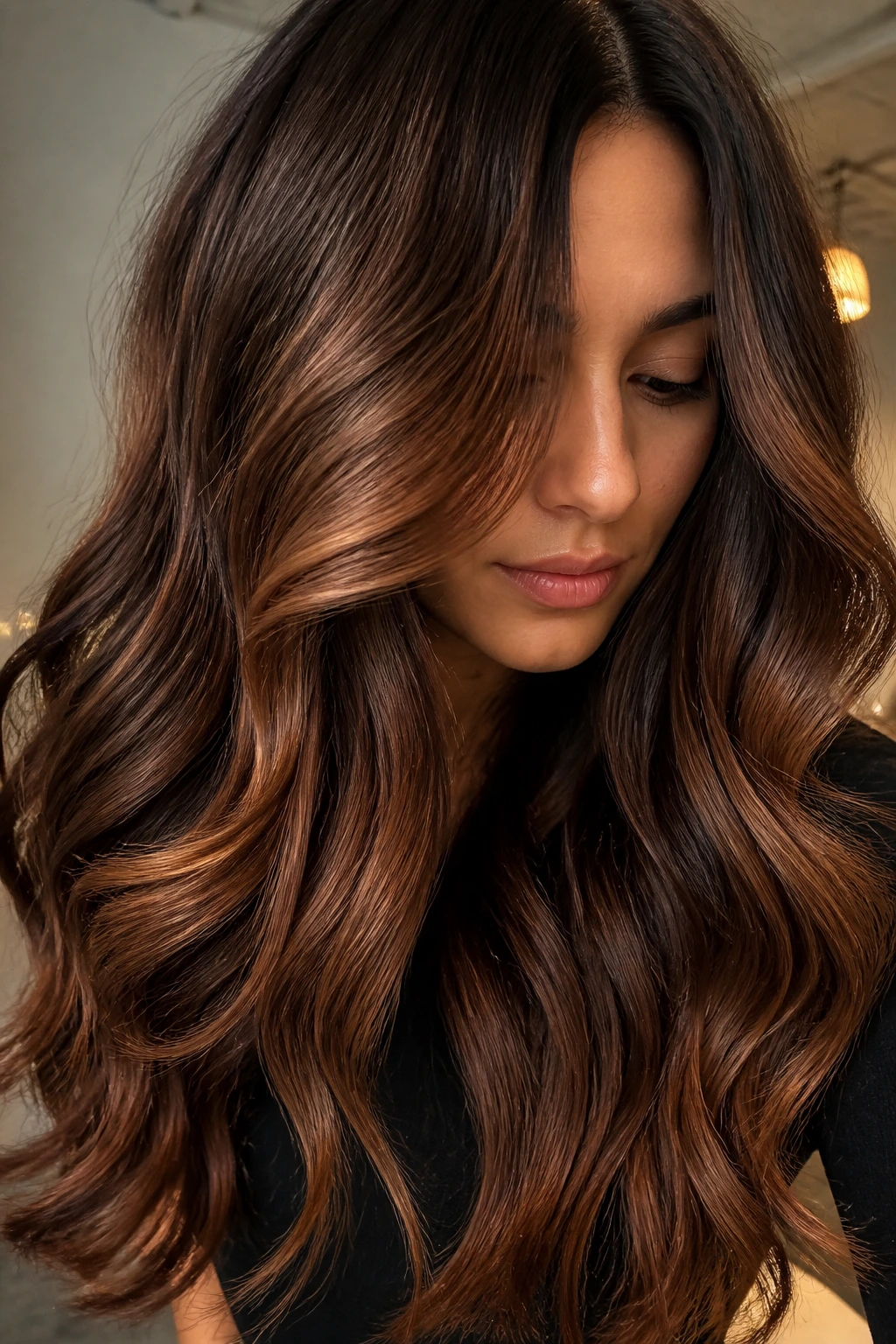 Close-up of cinnamon melt hair color gradient from roots to ends