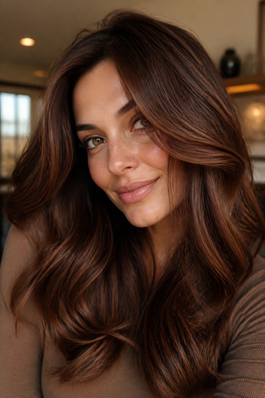 Real woman with cinnamon mocha gloss hair in warm indoor light