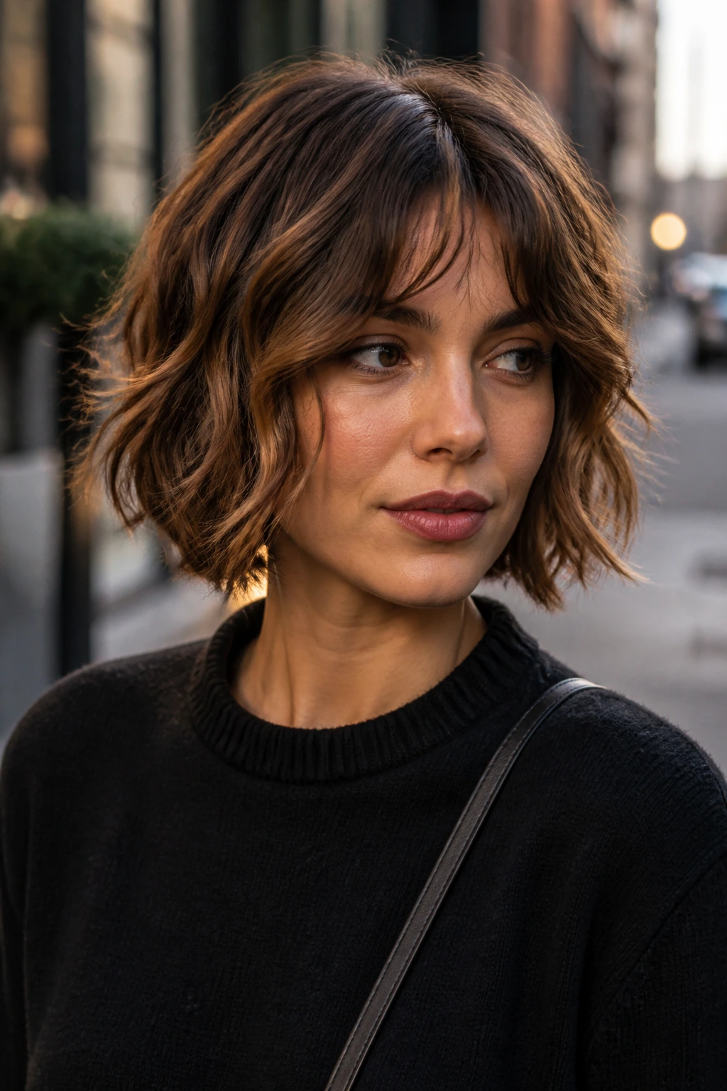 Portrait of a real woman with cinnamon mocha shaggy bob in urban light