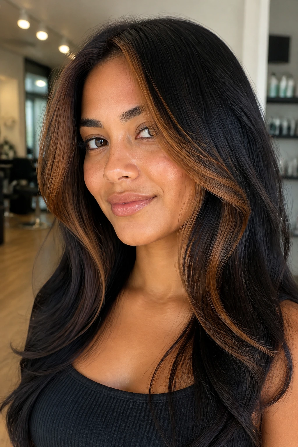 Close-up of a real woman's face with cinnamon spice face frame on black hair in a bright salon.