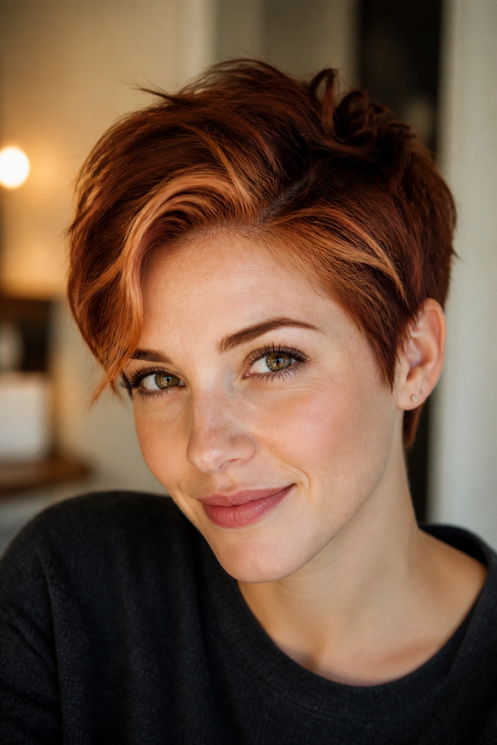 Close-up portrait of a woman with cinnamon money-piece pixie