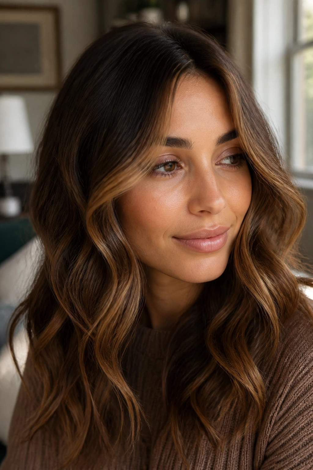 Close-up of a woman with cinnamon-toned money piece melting into front hair on waves