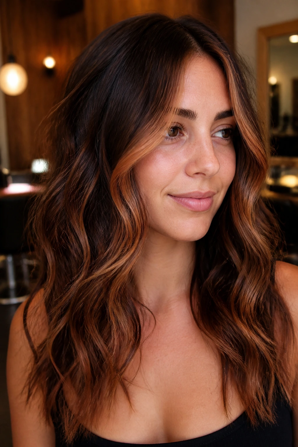 Close-up of a real woman with cinnamon-toned money piece melted into base hair on wavy hair in a salon