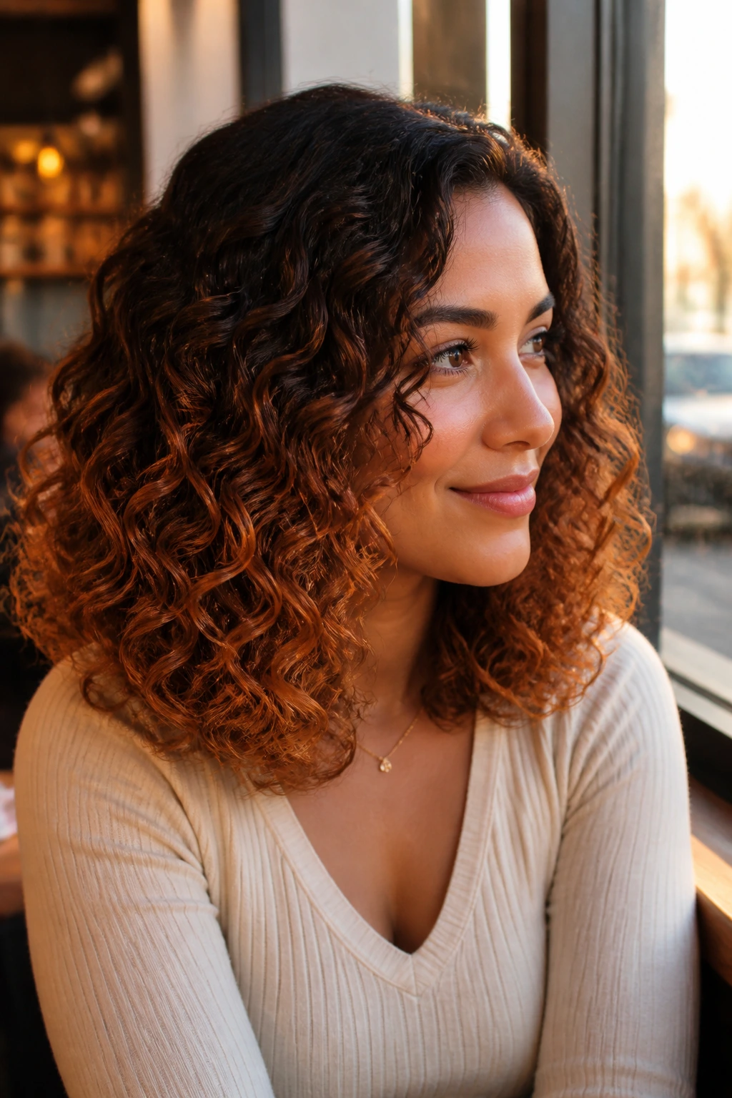 Cinnamon ombre on shoulder-length curly hair