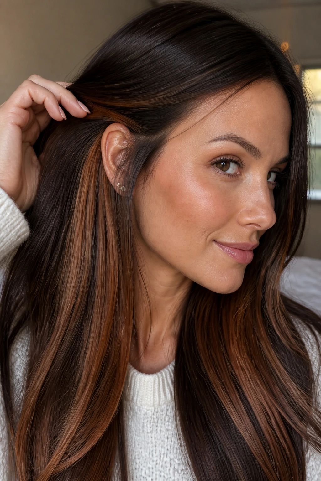 Close-up of a real woman's hair showing cinnamon peekaboo panels under brunette top layer