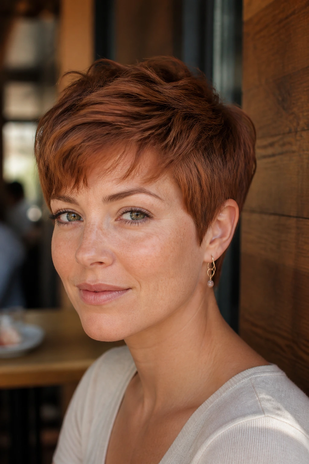 Close-up portrait of a real person with a warm cinnamon pixie haircut in sunlit cafe setting
