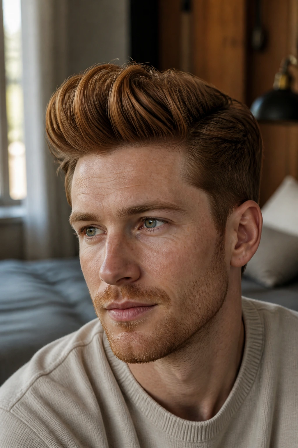 Close-up portrait of a man with a cinnamon quiff in natural window light