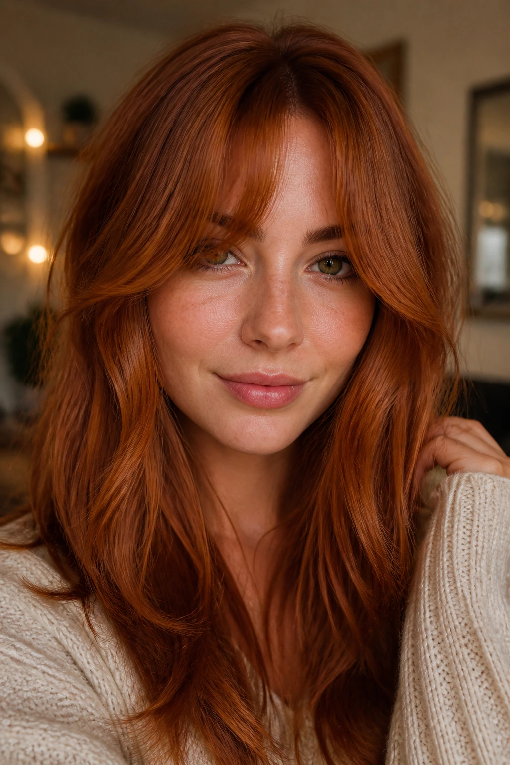 Close-up of a woman with cinnamon-red curtain bangs
