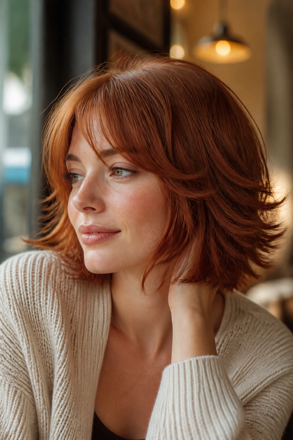 Portrait of a real woman with cinnamon red flipped shag