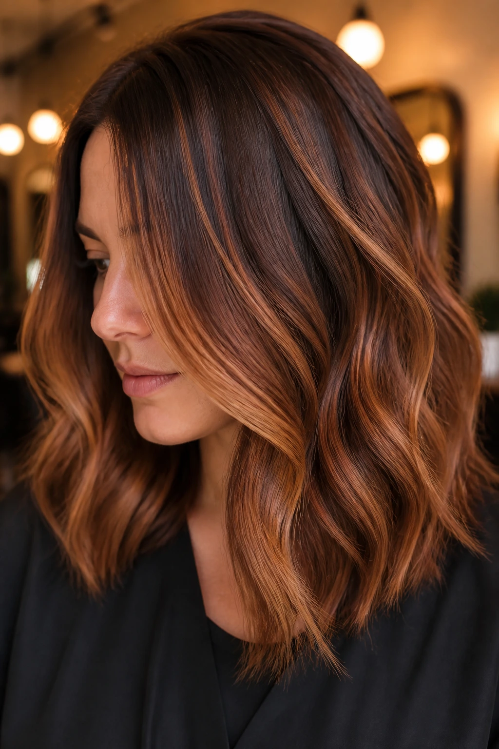 Real person with medium-length hair showing cinnamon ribbon balayage from dark base to lighter cinnamon ribbons near the front.