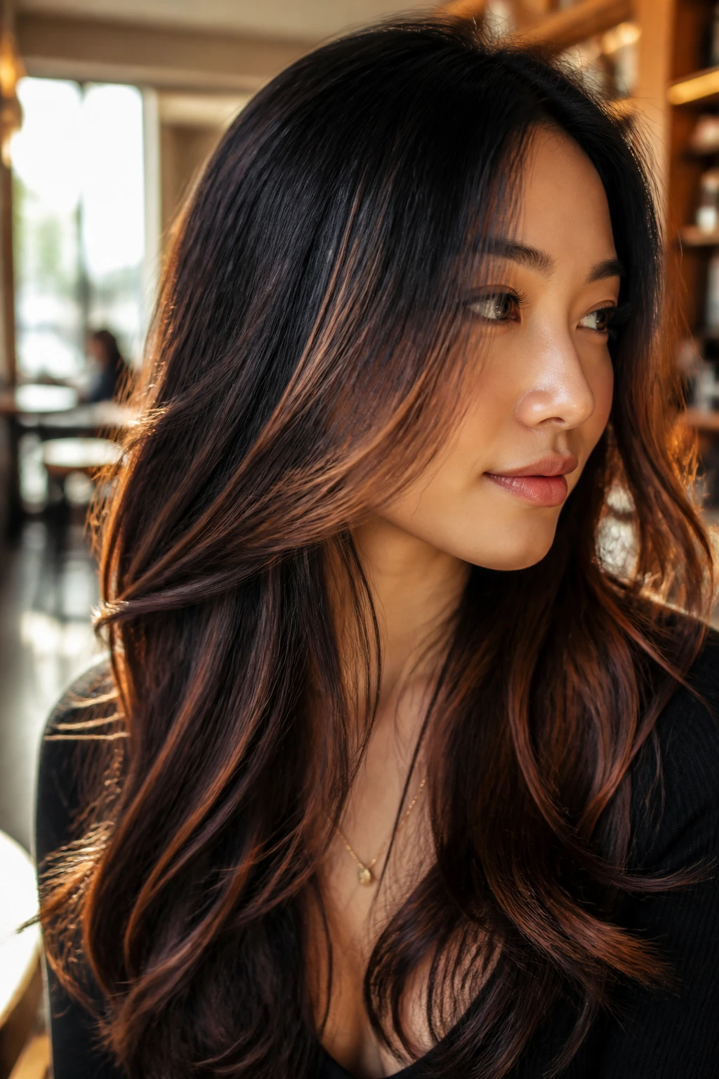 Real Asian woman's hair with cinnamon ribbon highlights in mids and ends