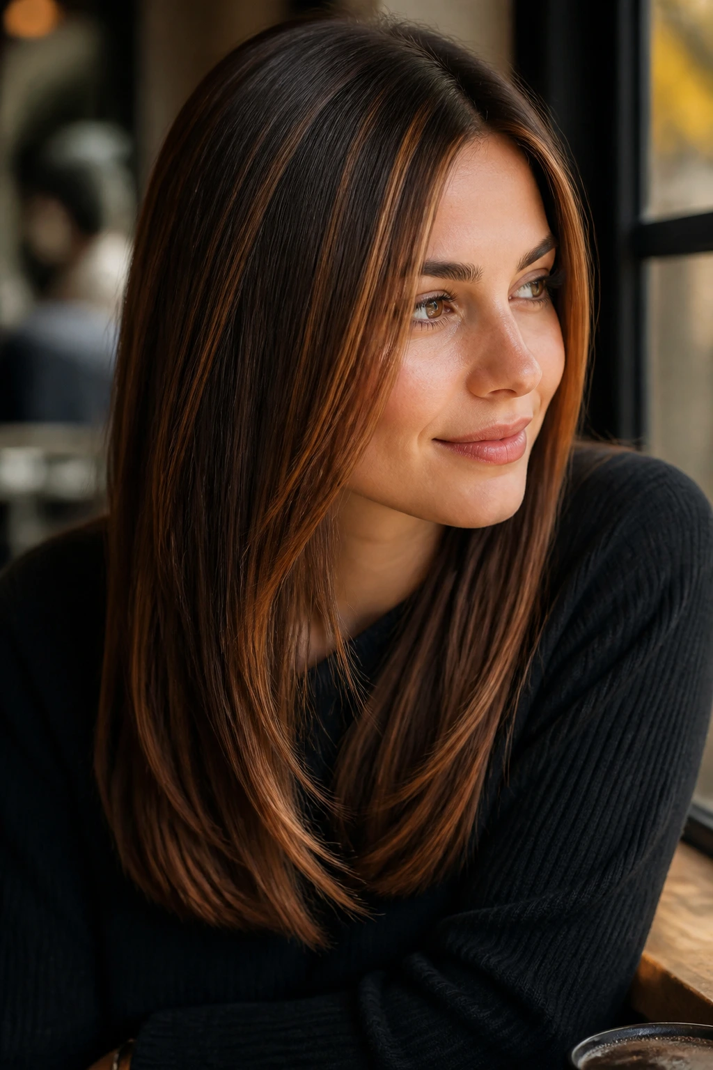 Portrait of a real woman with cinnamon ribbon highlights around the face on straight brunette hair in warm light