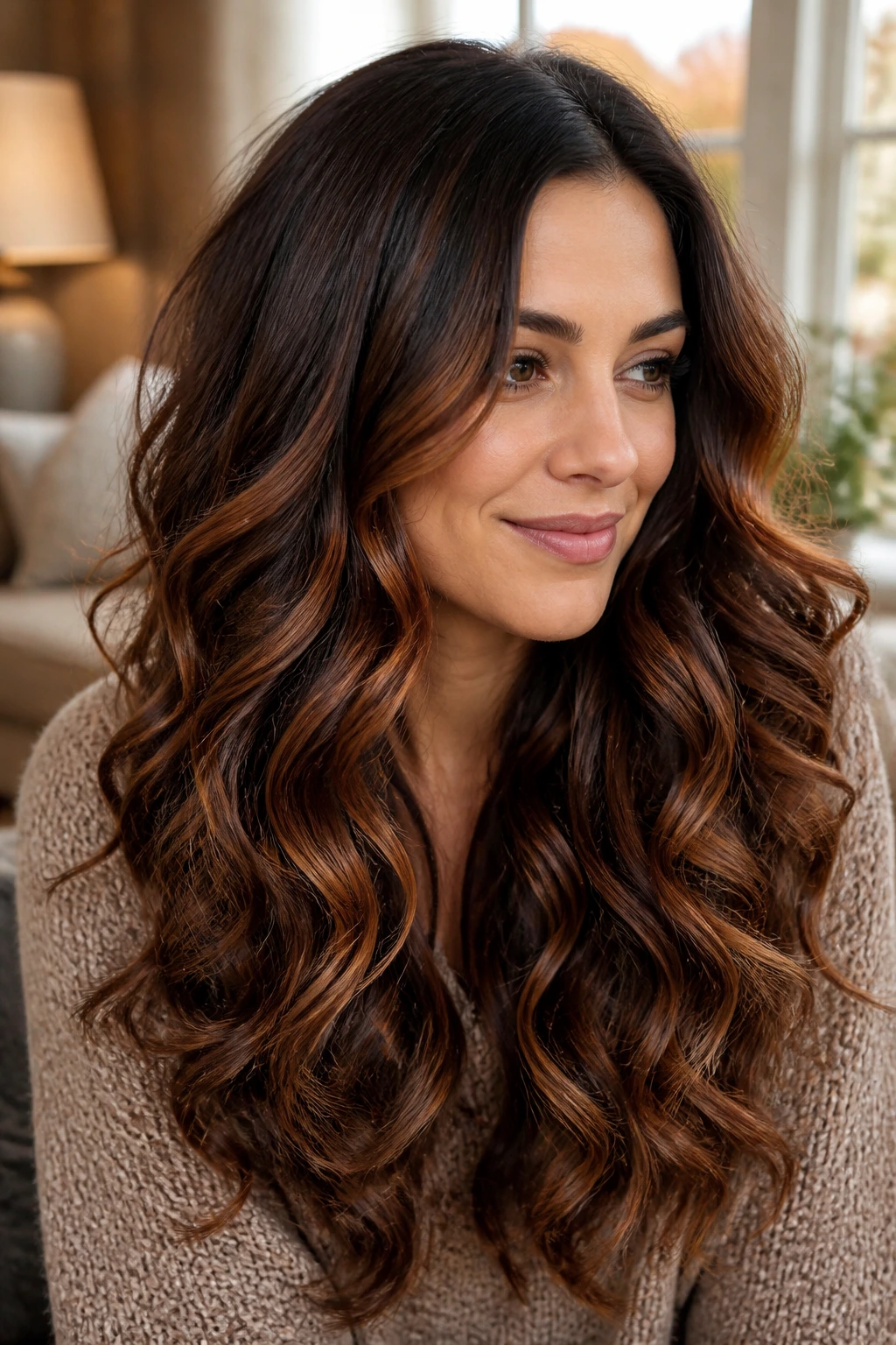 Portrait of a real woman with loose curls and cinnamon ribbon highlights through mid-lengths and ends.