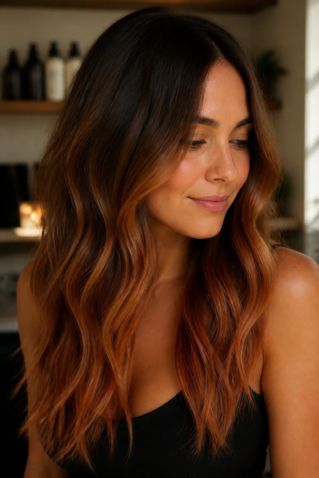 Close-up of woman's hair with cinnamon-root melt and copper ends