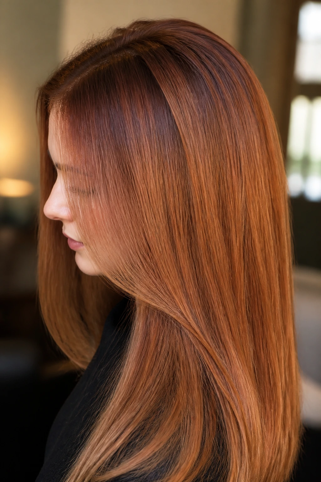 Side-profile close-up showing cinnamon root shadow in long copper-brown hair