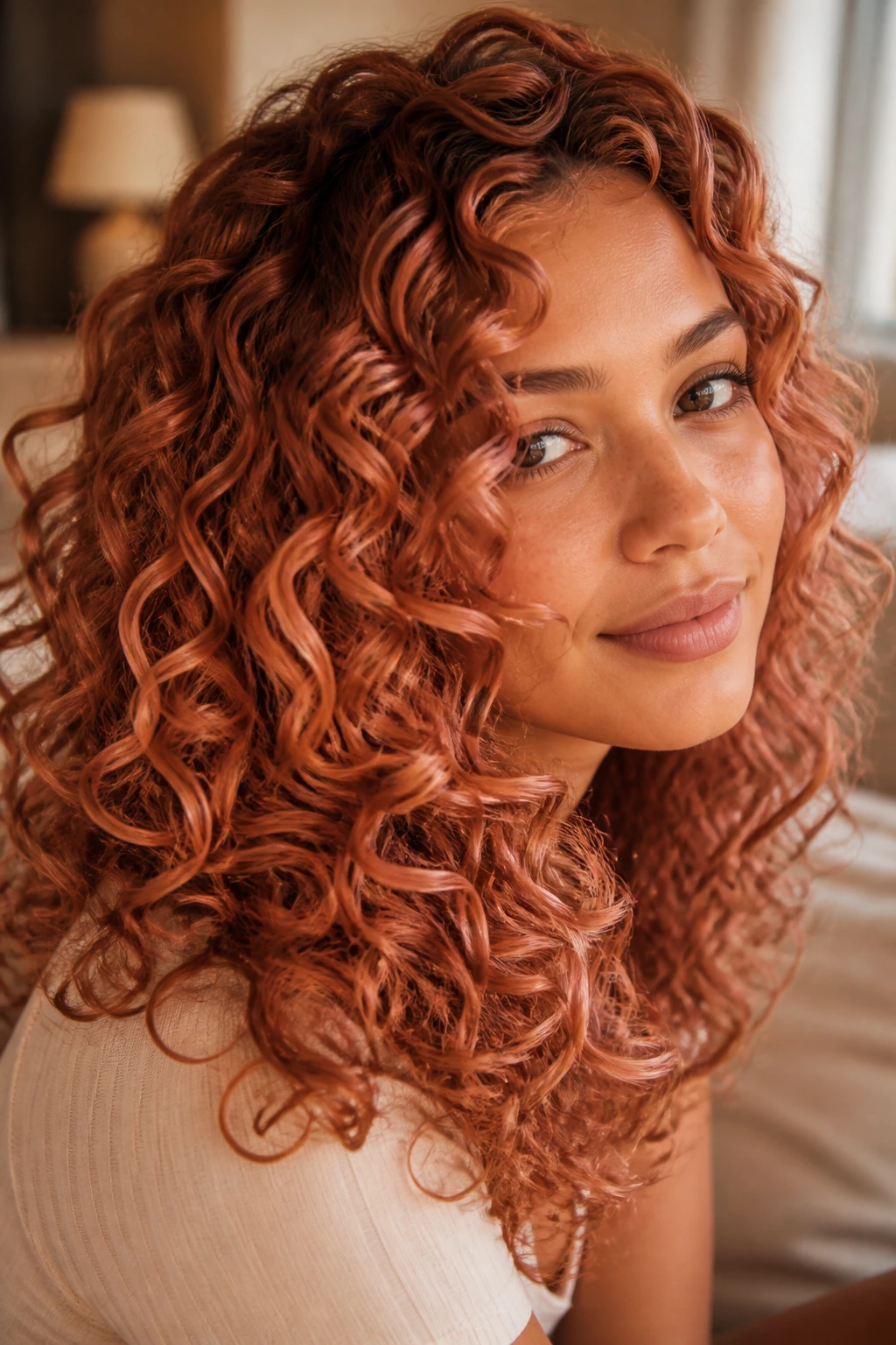 Close-up of cinnamon rose gold curls with warm depth on a real person