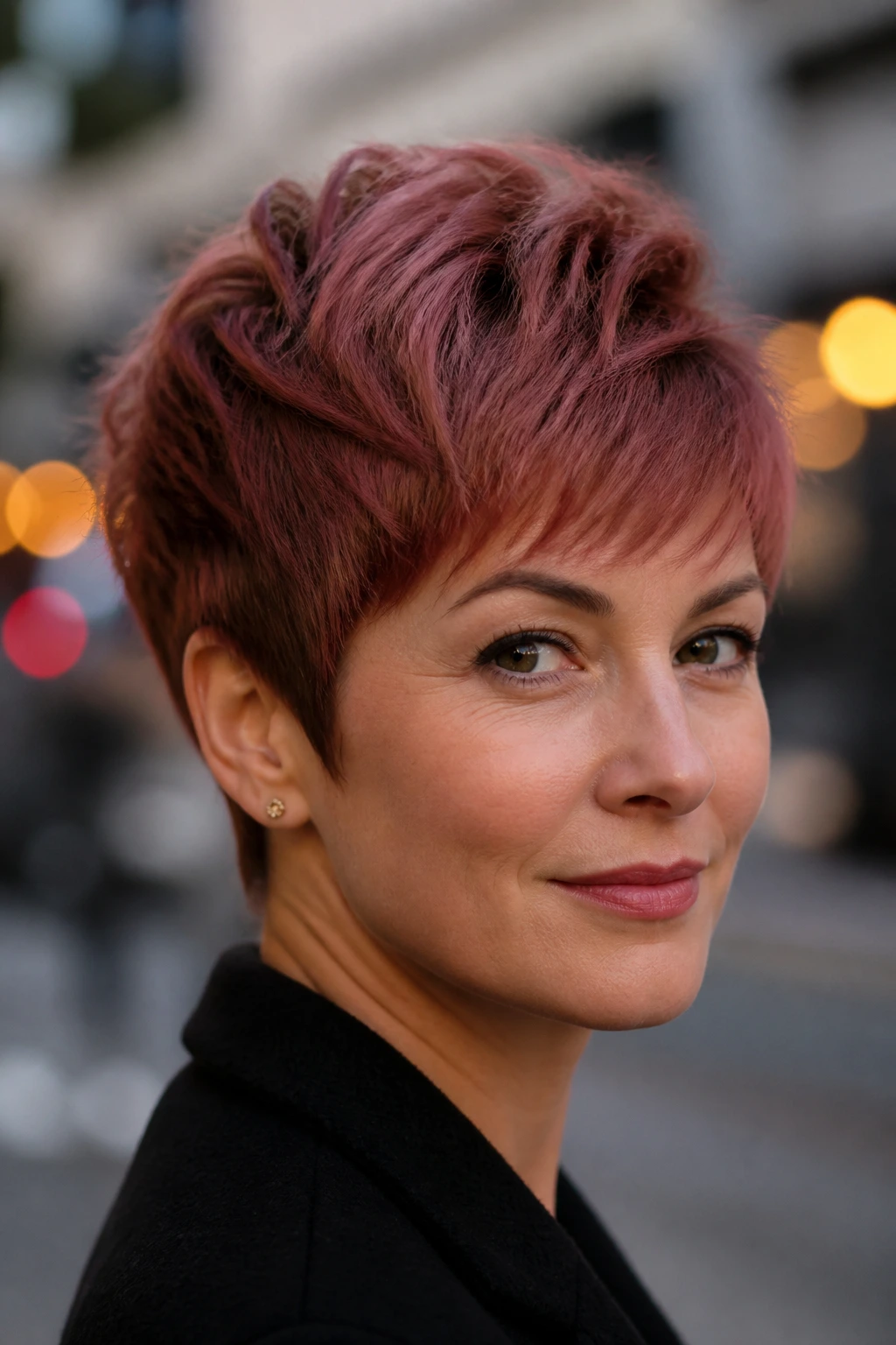 Close-up portrait of a woman with cinnamon rose pixie cut