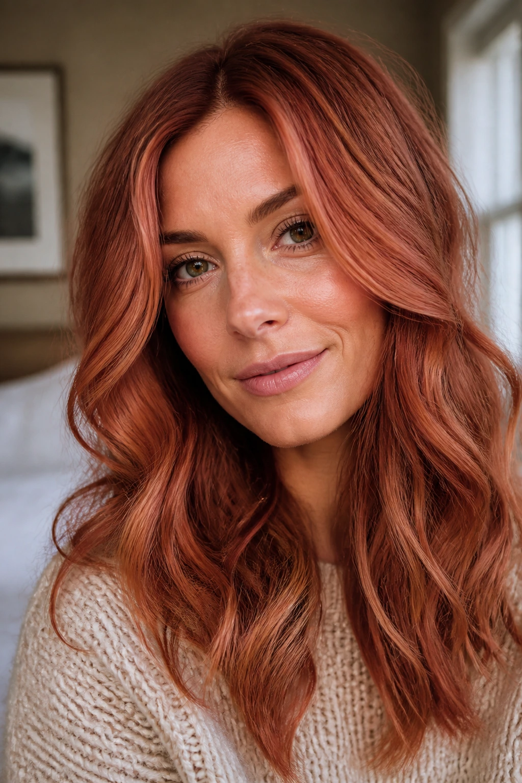 Close-up portrait of a real woman with cinnamon-rose waves in warm light