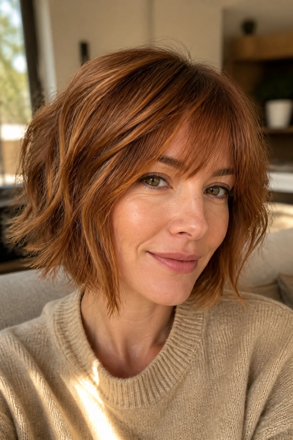 Close-up of cinnamon shag bob with layers and movement