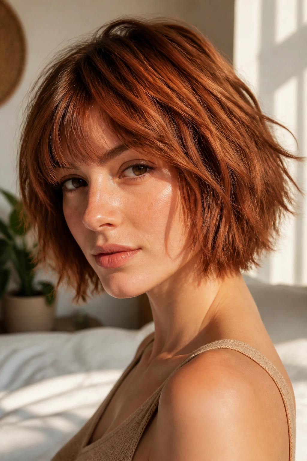 Portrait of a person with cinnamon shag bob hair color