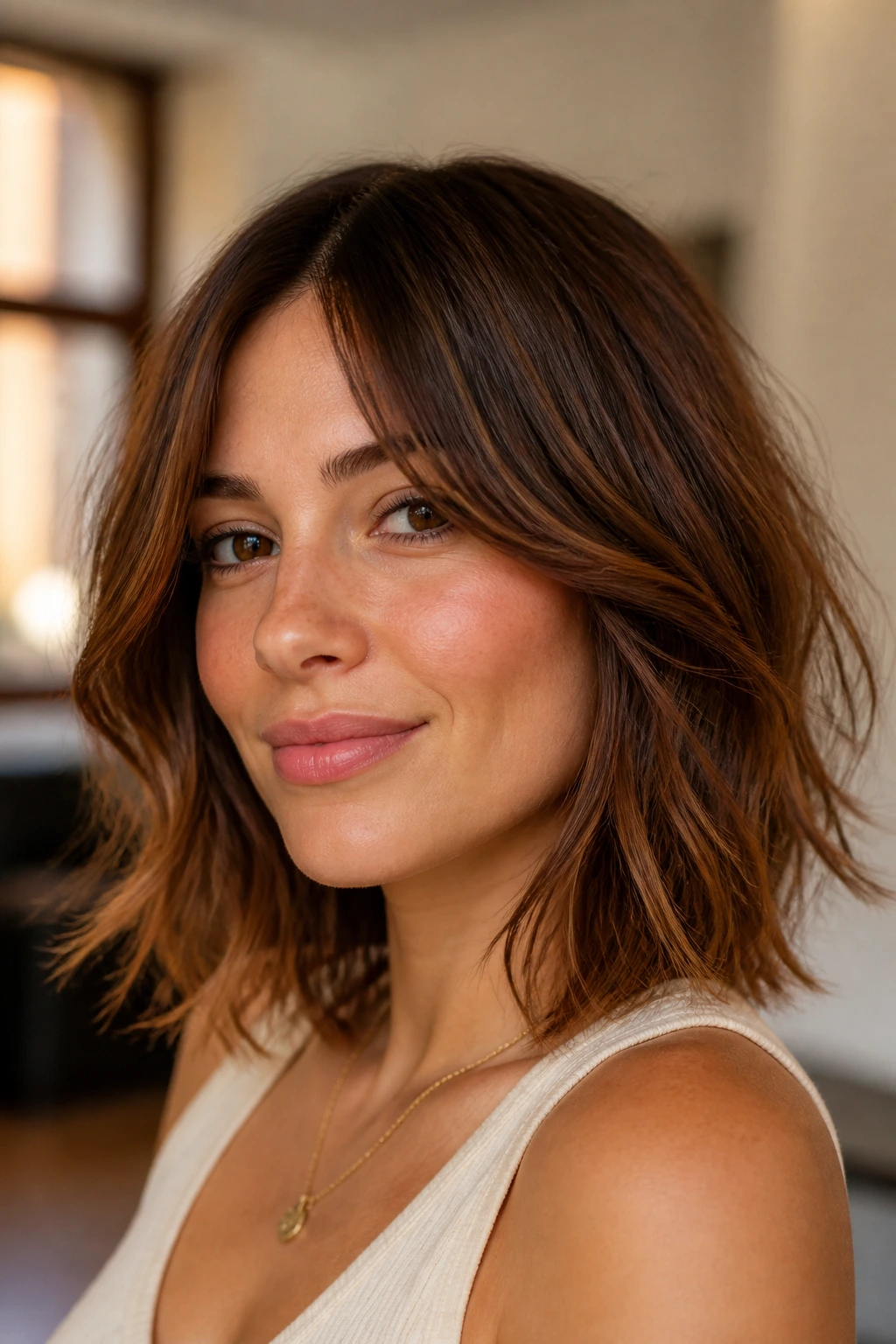 Close-up of a real woman with cinnamon shag lob and airy ends in natural light.