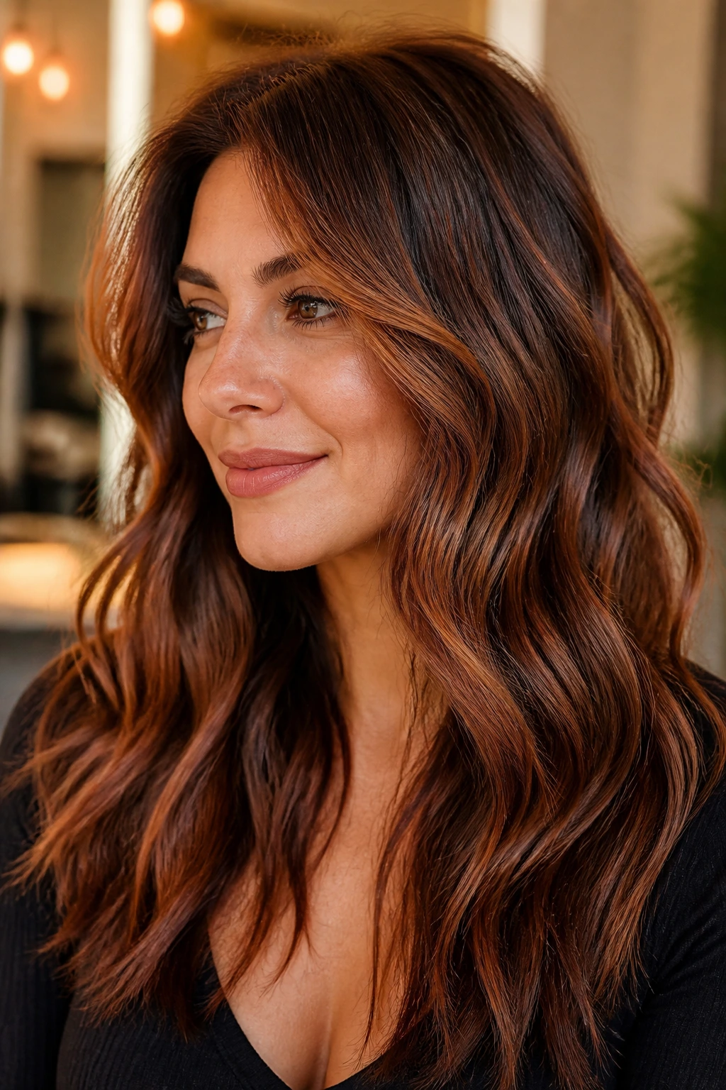 Real woman with cinnamon spice balayage on wavy hair in warm light