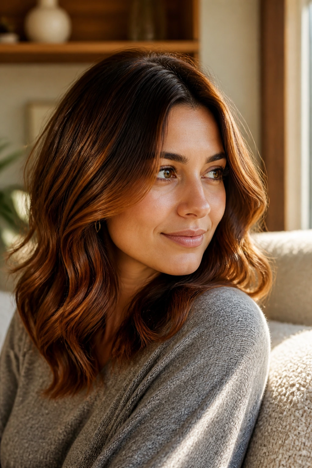 Close-up of real woman with warm cinnamon spice balayage and glossy brown-red tones