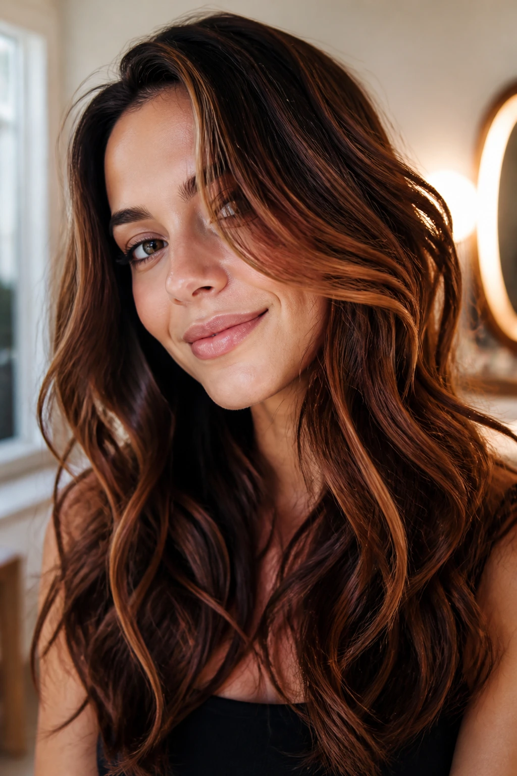 Close-up portrait of brunette with cinnamon spice highlights, warm depth in waves
