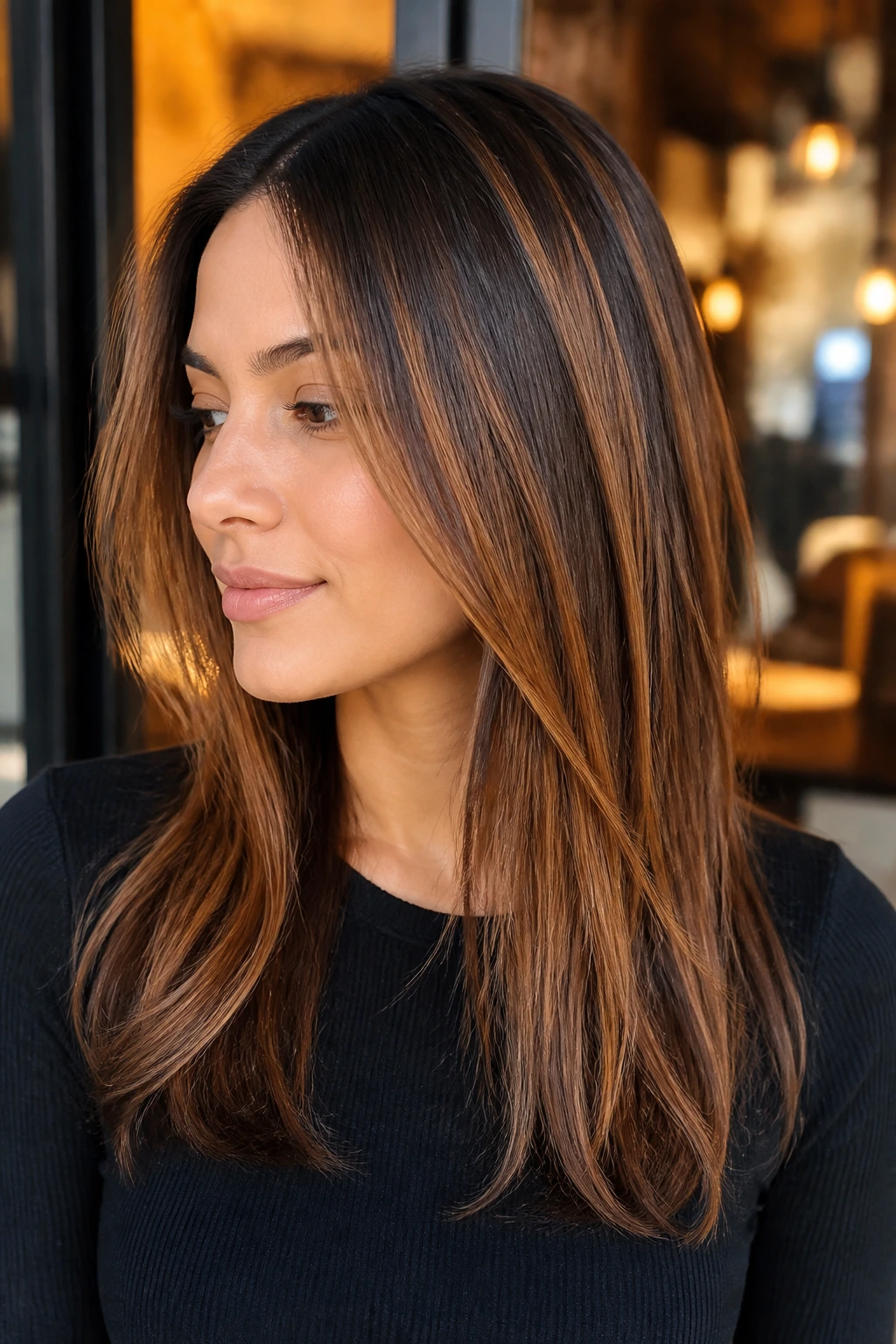 Close-up of a real person with cinnamon spice panels on straight hair