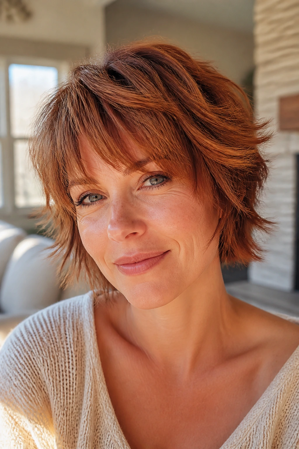 Close-up of a real woman with cinnamon spice shag hairstyle in warm indoor light