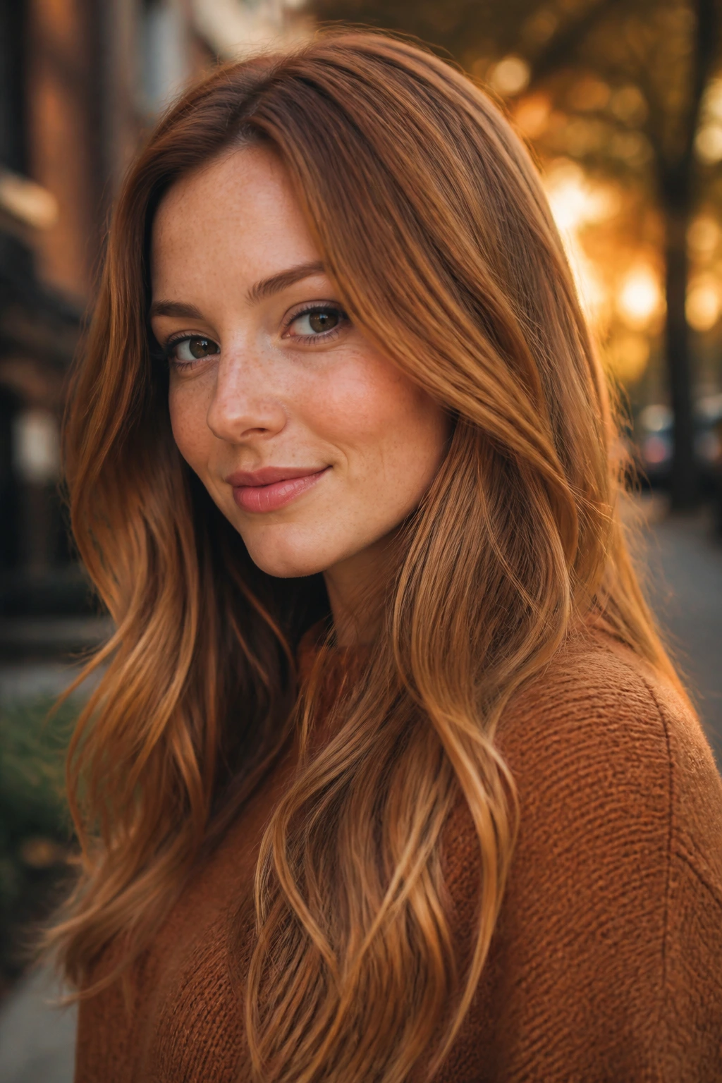 Close-up portrait of a real woman with cinnamon strawberry blonde hair