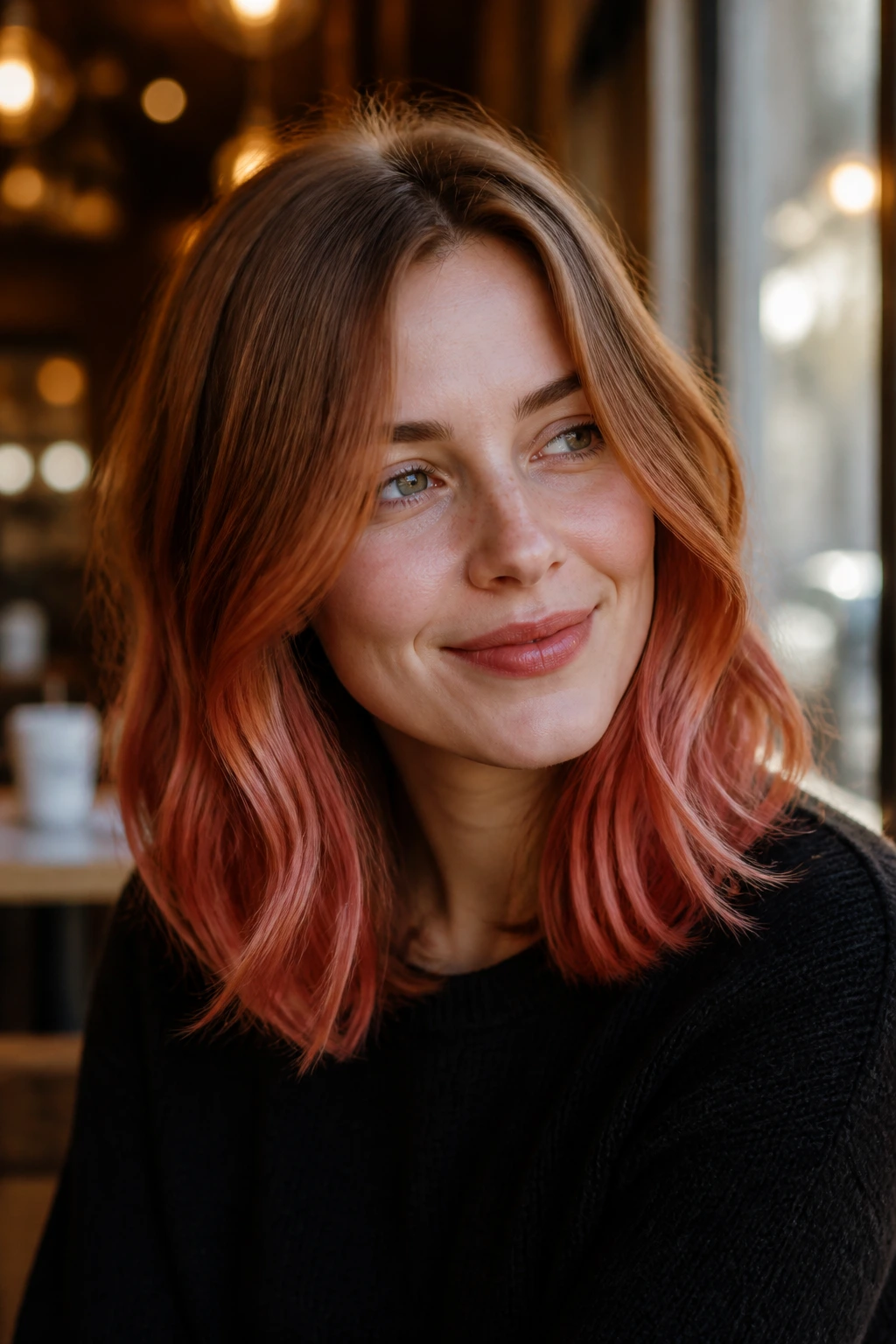 Close-up portrait of a real woman with cinnamon to strawberry ombre hair on a medium-length layered cut