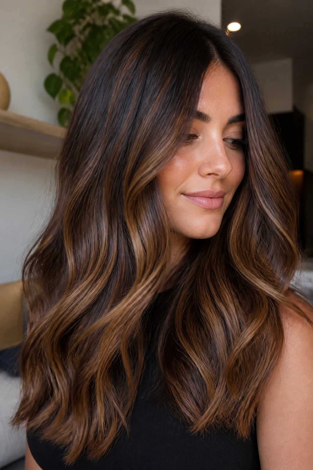 Real person with cinnamon sugar micro-ribbon balayage on long hair