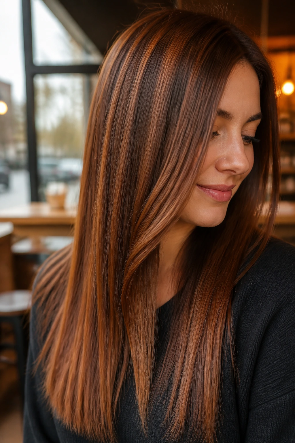 Close-up of real person with cinnamon swirl balayage on straight hair