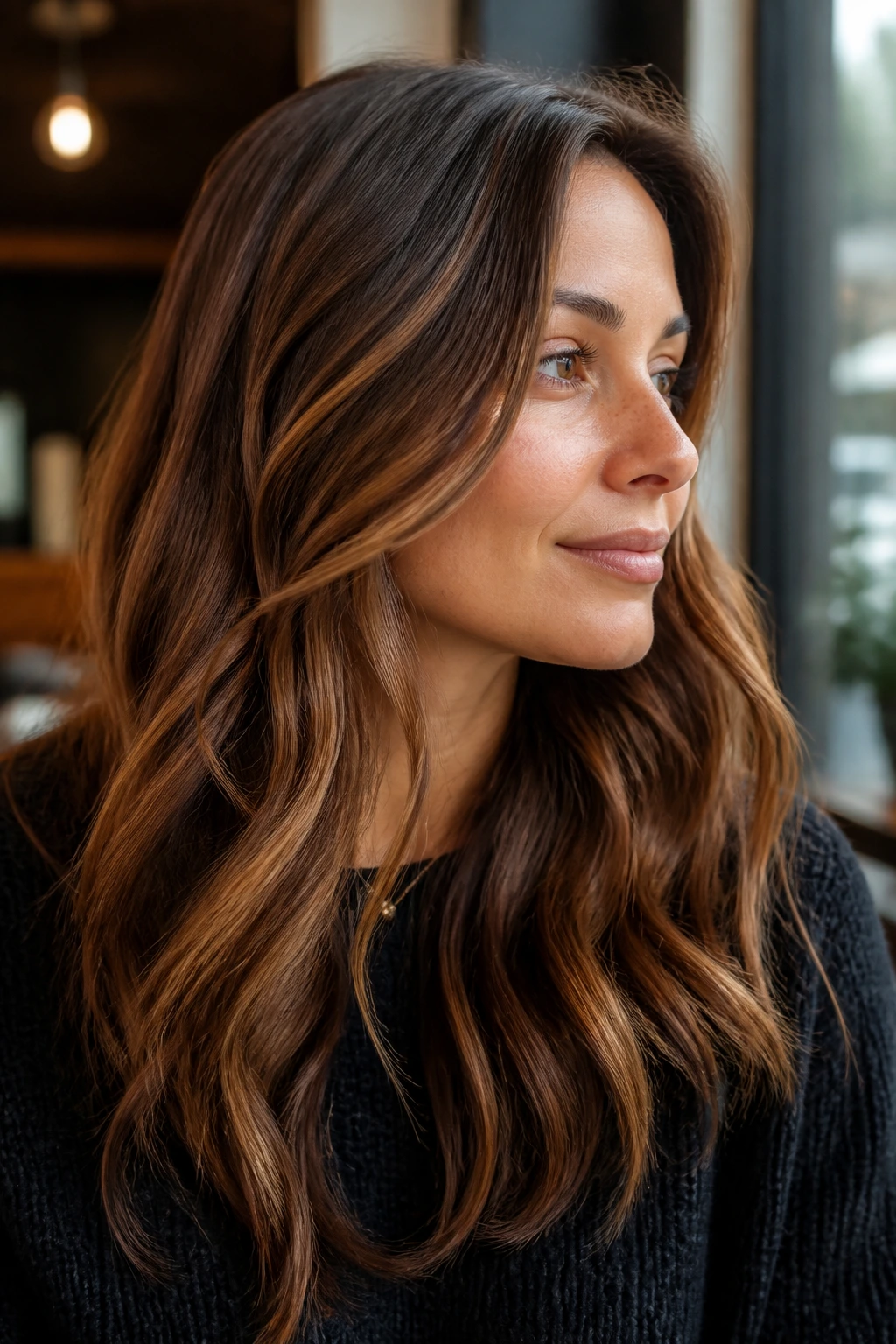 Close-up portrait of a person with cinnamon swirl balayage showing warm ribbons on brunette hair.