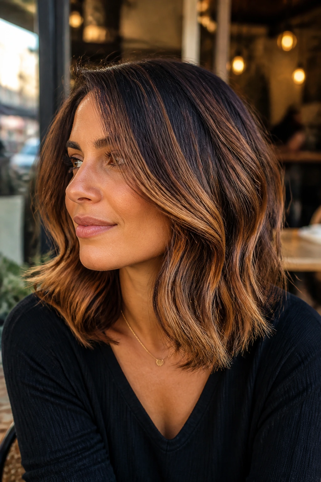 Portrait of a person with cinnamon swirl balayage on a textured lob