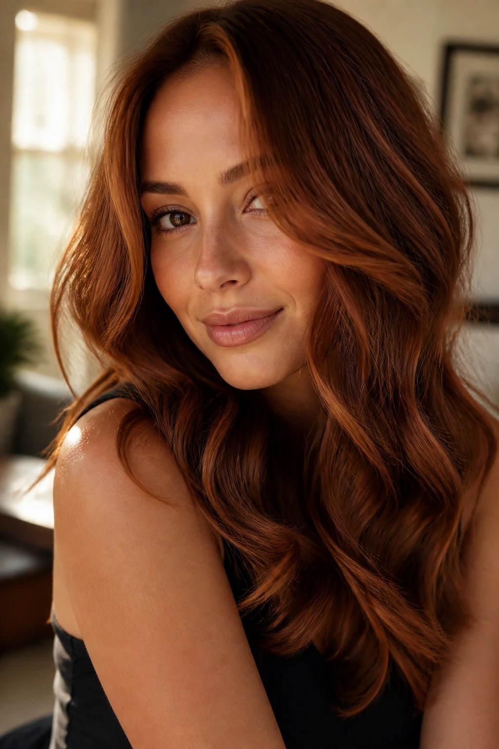 Close-up portrait of a real woman with cinnamon swirl copper hair and warm copper ribbons