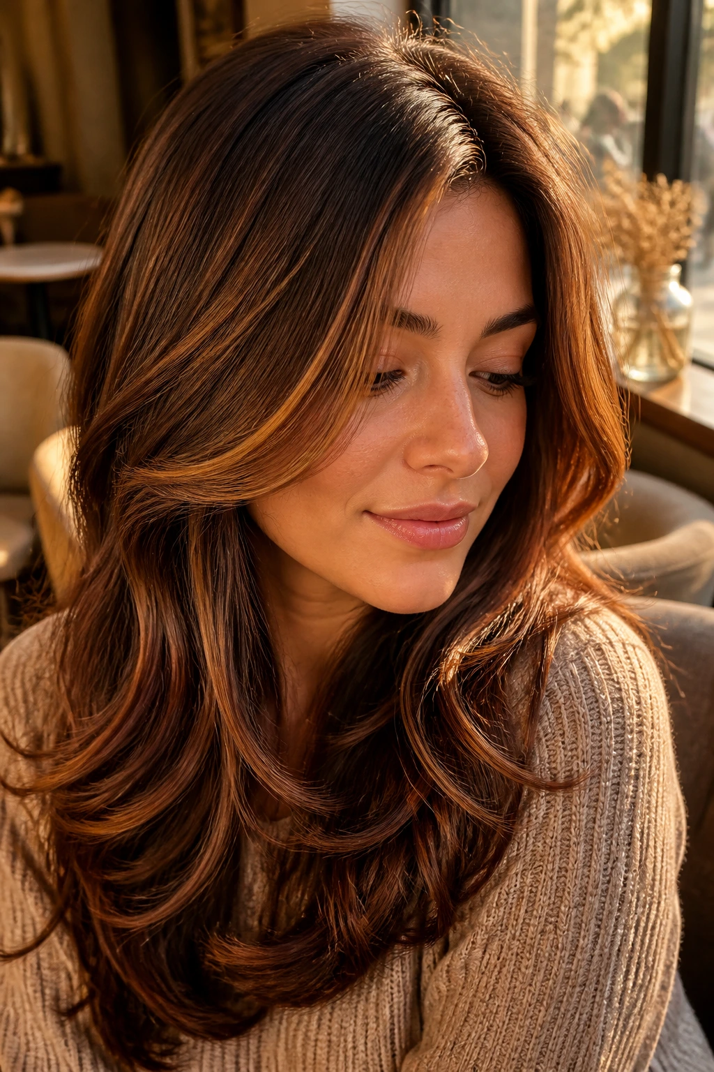 Close-up of brunette hair with Cinnamon Swirl Highlights in warm cinnamon tones