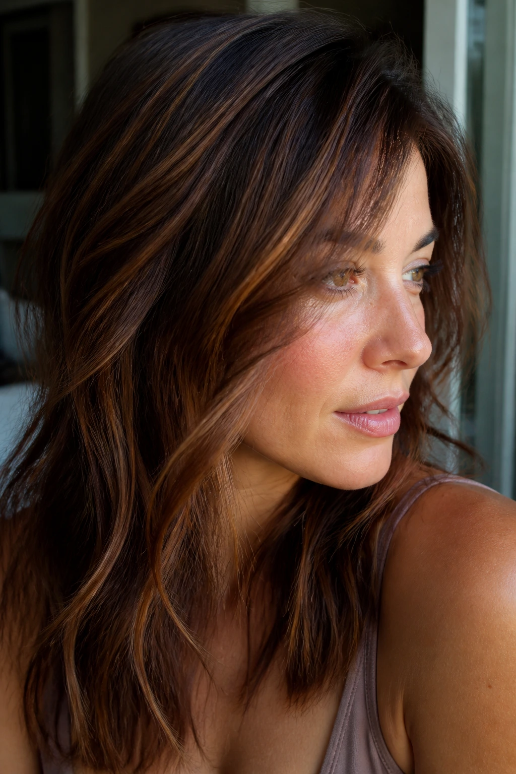 Close-up of brunette hair with cinnamon swirl highlights for warm movement