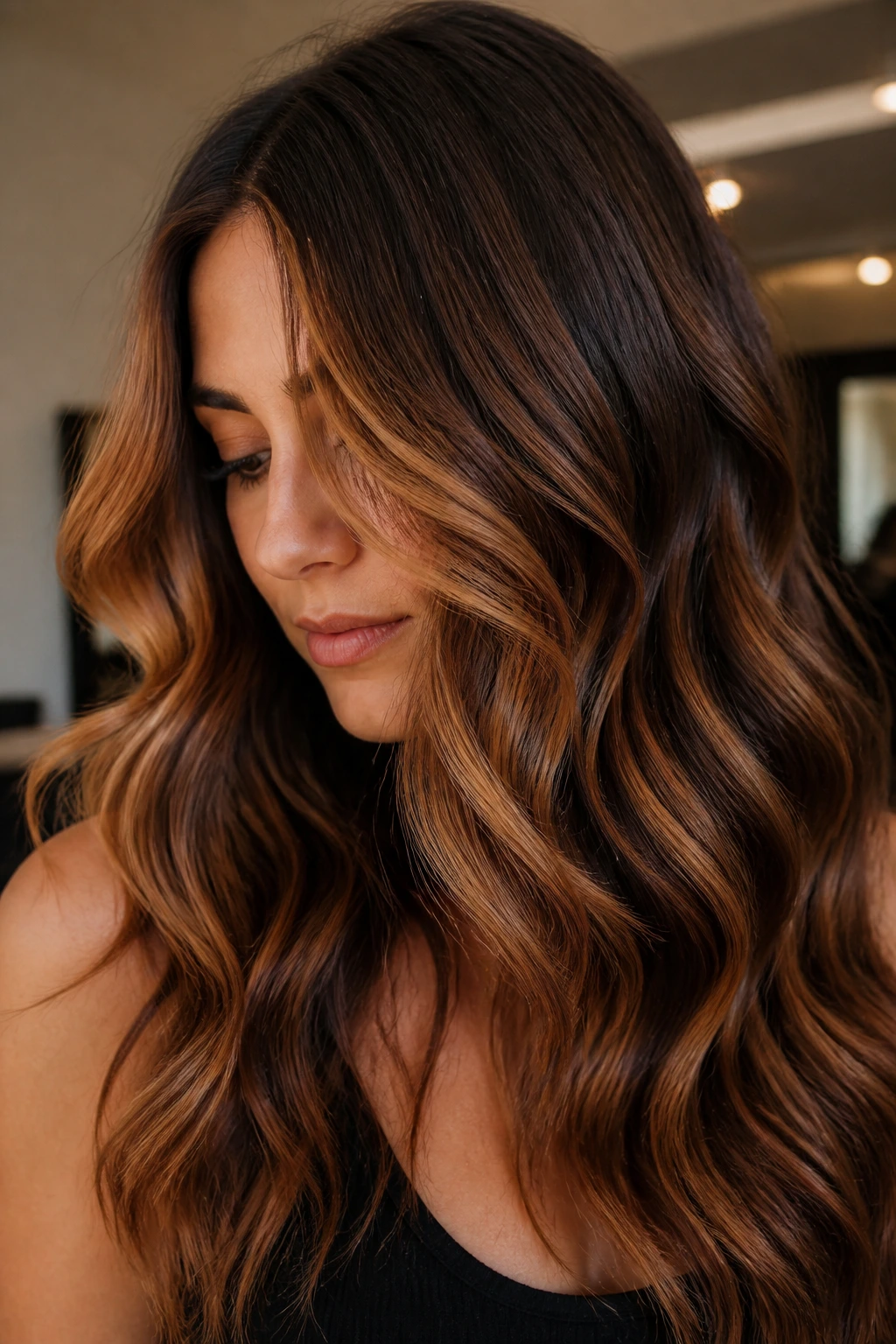 Close-up of a real woman's hair with cinnamon swirl highlights in wavy texture