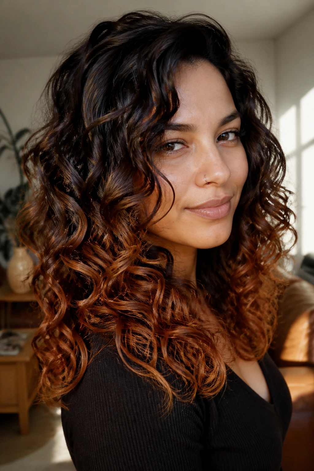 Portrait of a real person with cinnamon-toned ombre ends on curly hair
